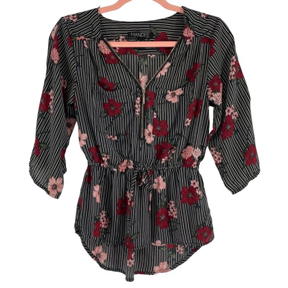 Mandee Women's Size Small Black/White Striped Floral Top - Picture 1 of 5